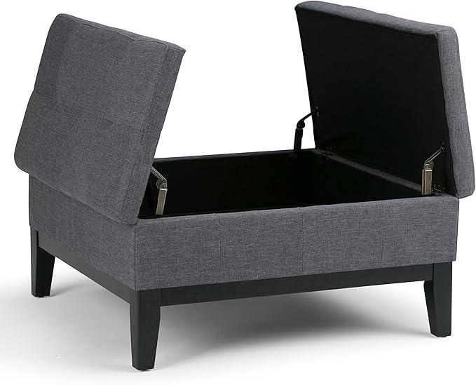 SIMPLIHOME Dover 36 inch Wide Contemporary Square Coffee Table Storage Ottoman in Slate Grey Linen Look Fabric, Assembled, For the Living Room and Bedroom