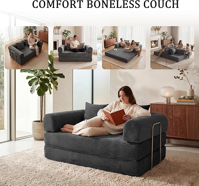 HouseMila 53.15" Boneless Couch,4-in-1 Futon Sofa Bed Modular Loveseat Sleeper Folding Compressed Couch with Pillows,No Assembly Required Convertible Sofa Bed for Living Room Bedroom Guest Room,Grey