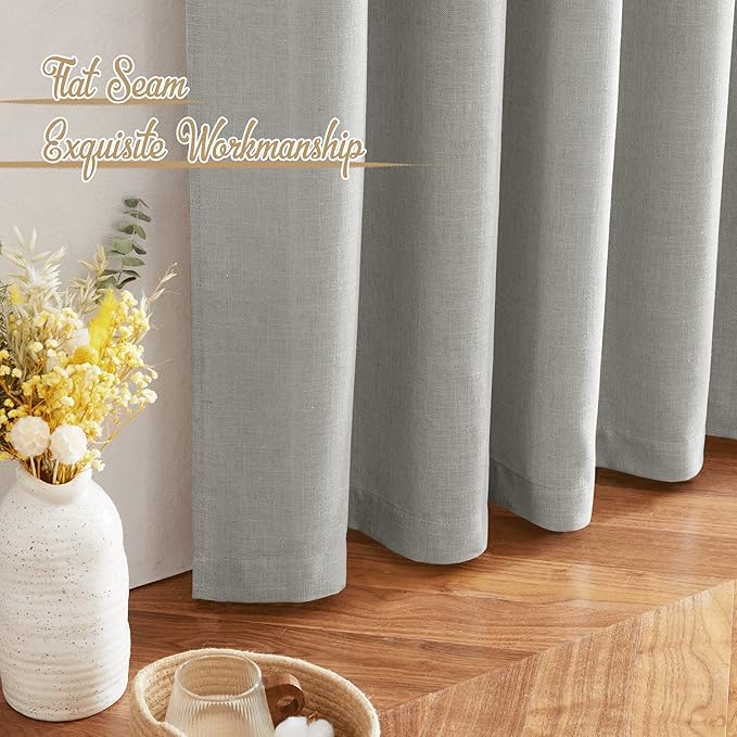 NICETOWN Linen Gray 108 inch Curtains for Living Room, Rod Pocket & Back Tab Flax Linen Burlap Semi Sheer Eclectic Window Treatments Privacy with Light Filtering for Living Room, W52 x L108
