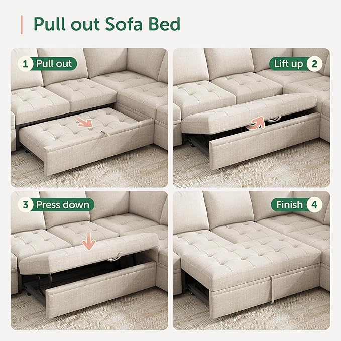 HONBAY Modular Sectional Sleeper Sofa with Pull Out Bed L Shaped Couch with Storage Seat Sectional Couches for Living Room,Beige