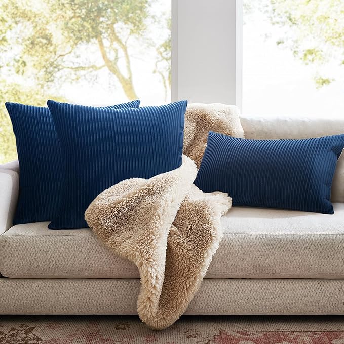 YCOLL Navy Blue Pillow Covers 20x20 Set of 2 Velvet Striped Pattern - Soft Throw Pillows for Home Decor, Luxury Decorative Pillow Covers for Couch, Bed,Living Room