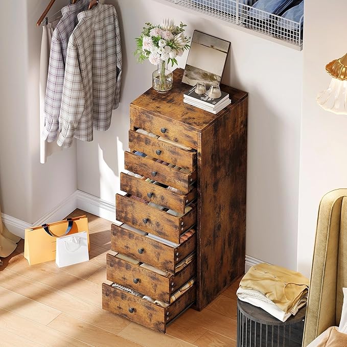 LIKIMIO Tall Dresser, Small Dressers with 8 Storage Drawers, Chest of Drawers for Organizing, Tall Narrow Dresser for Bedroom, Industrial Brown