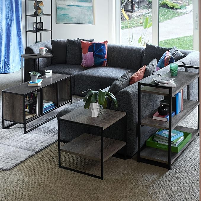 Household Essentials Jamestown TV Stand Coffee Table with Square Cube Storage Compartments Ashwood Rustic Wood Grain and Black Metal