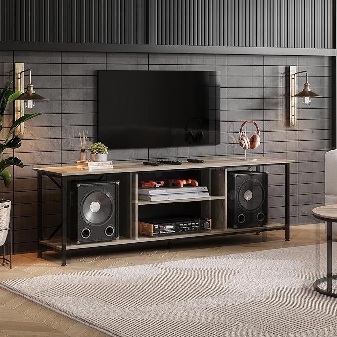 WLIVE Industrial TV Stand for Up to 70 inch TV, Heavy-Duty Metal Frame Entertainment Center with Adjustable Shelves & Cable Management, Large Media Console for Living Room, Greige