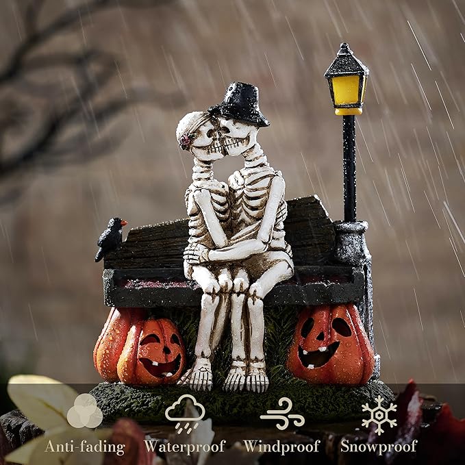 TERESA'S COLLECTIONS Halloween Decorations, Love Never Dies, Skeleton Decor, Couple Kissing Skeletons and Solar Light, Waterproof Resin Halloween Decor, Skeleton Gifts Indoor/Outdoor