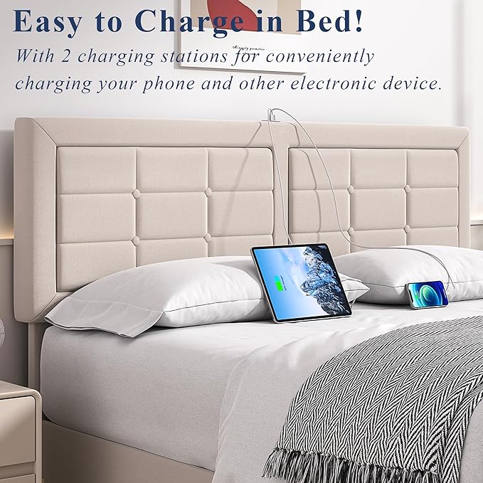 VECELO Full Size Bed Frame with 4 Storage Drawers & Adjustable Headboard, Built-in Charging Station, Upholstered Bedframe with Wood Slats Support, Beige