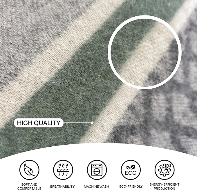 New Zealand Virgin Wool Throw Blanket, Indoor & Outdoor Blankets and Throws, Soft Blanket with Fringes, 55 x 79 in (140 x 200 cm), Green Gray Beige