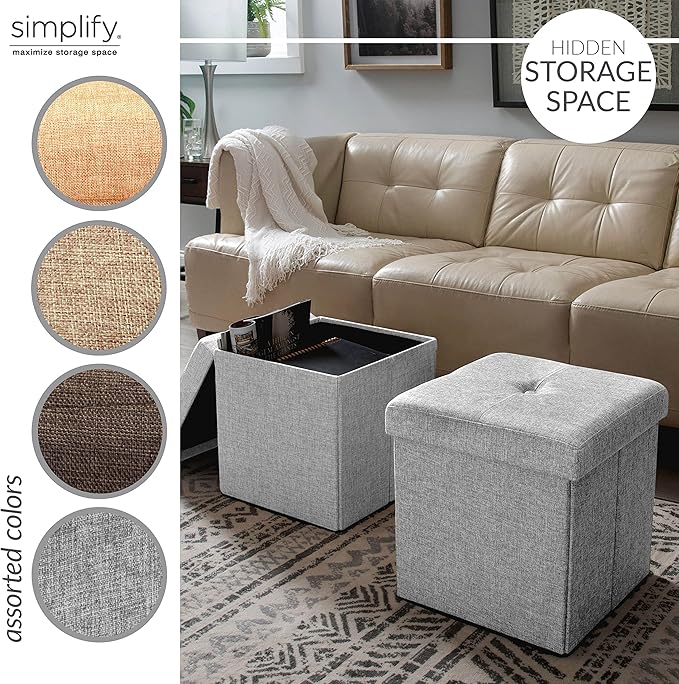 Simplify Faux Linen Folding Storage Ottoman | Single | Collapsible | Tufted Padded Seating | Foot Rest | Toy Box | Bench | Grey