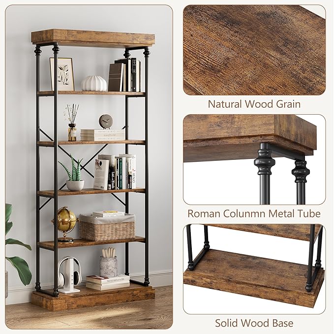 CABIHOME Bookshelf Industrial Bookcase Wooden Storage Open Rack Shelf with Metal Frame Rustic 6 Tier Tall Standing Bookshelves Large Display Rack for Bedroom,Living Room and Home Office