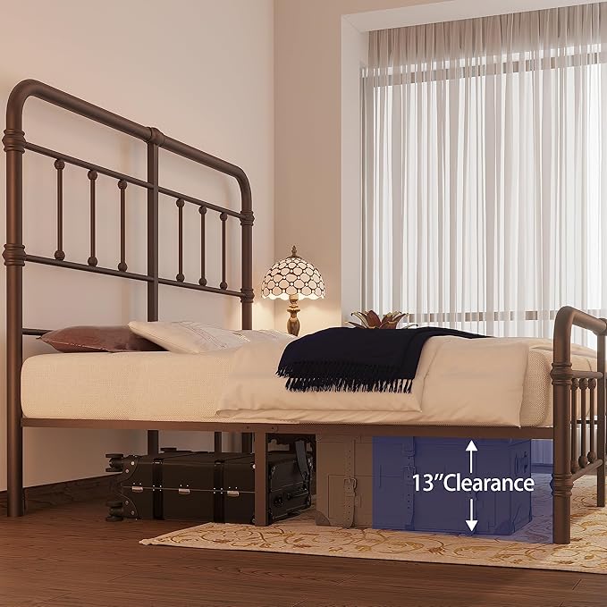Cal-King-Bed-Frame with headboard Giselle-Vintage Antique-Metal - Iron Platform Mattress Foundation,49 inch High,No Box Spring Needed(Brown)