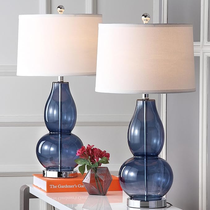 SAFAVIEH Lighting Collection Mercurio Blue Glass Double Gourd 28-inch Table Lamp Set of 2 with USB Charging Port (LED Bulbs Included)