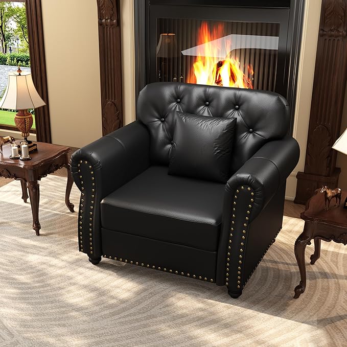 KEIKI 41" Faux Leather Chesterfield Sofa with Rolled Arms & Nailhead Trim, Modern Style 1-Seater Button Tufted Couch with High Resilience Cushion & 1 Pillow, Easy Assembly, for Living Room, Black