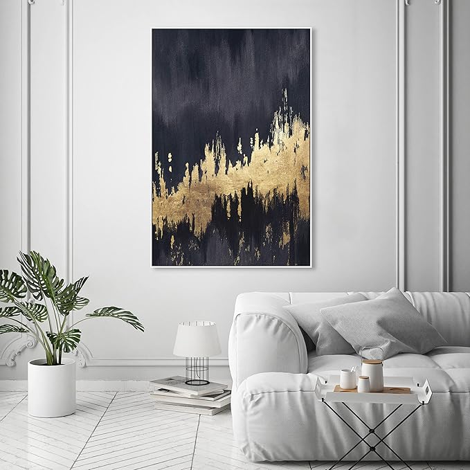 The Oliver Gal Artist Co. Abstract Wall Art Framed Canvas Prints 'Late Night Sky' Brush Strokes Home Décor, 36" x 54", Black, Gold