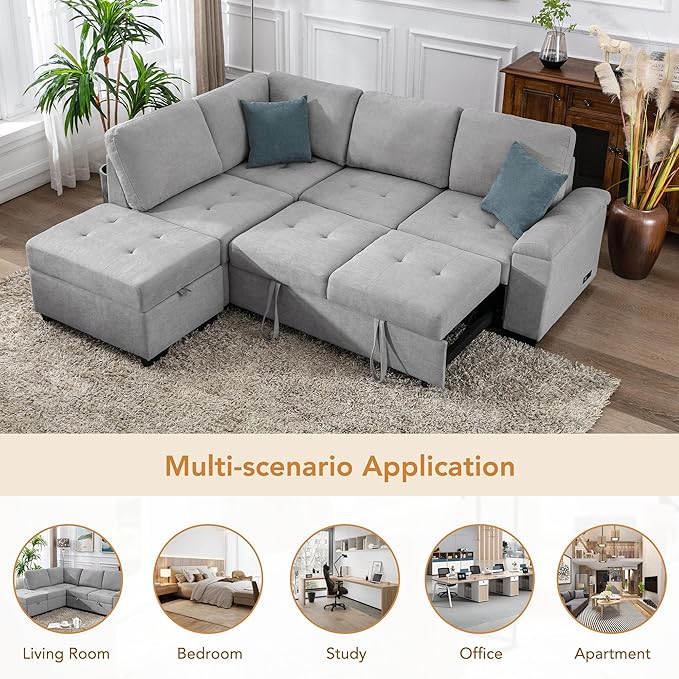 Merax Sofa Bed Sleeper Couch L Shaped Sofa with Storage Ottoman, L-Shape Sectional Couch with Comfortable backrest for Living Room and Small Apartment (Gray)