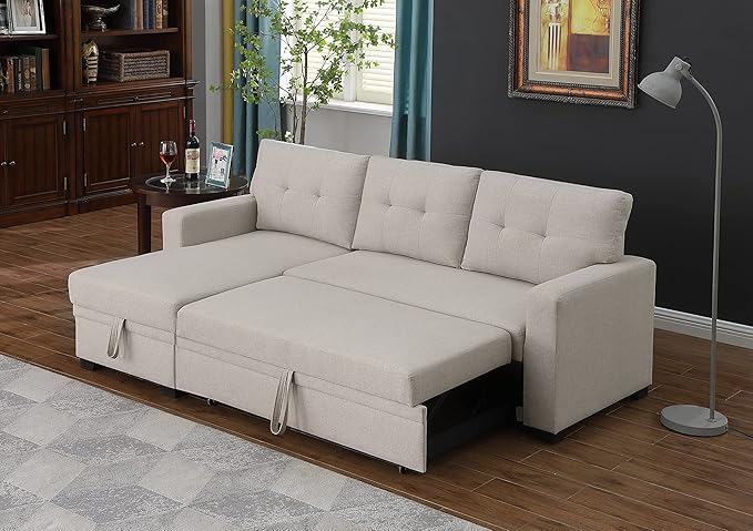 ACQCA 82" L-Shape Sleeper Sectional Sofa with Storage Chaise and Pull-Out Bed,Convertible Sofa Bed Sectional Couch for Living Room,Apartment,Office,Beige