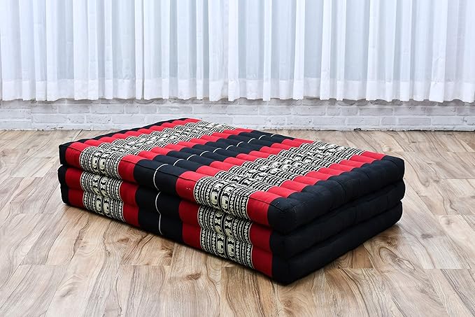 Leewadee Trifold Mattress XL – Comfortable Thai Massage Pad, Foldable Relaxation Floor Mattress Filled with Kapok, Perfect to Use as a Sleeping Mat 79 x 39 inches, Black Red