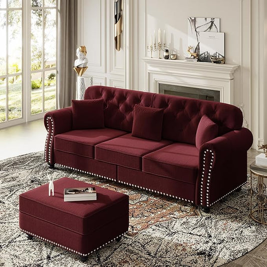 KEIKI 83" Velvet Chesterfield Sofa with Rolled Arms & Nailhead Trim & 1 Ottoman, Modern 3-Seater Button Tufted Couch with High Resilience Cushion & 3 Pillow, Easy Assembly, for Living Room, Burgundy