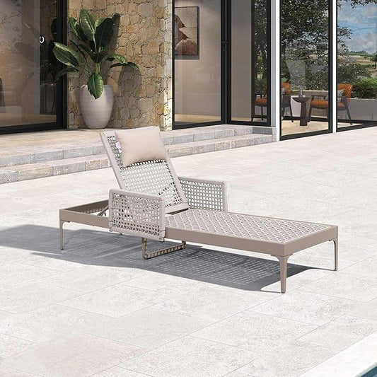 PURPLE LEAF 1 Piece Outdoor Chaise Lounge Rattan Wicker Lounger with Arms Poolside Furniture Adjustable Recliner Patio Lounge Chair for Beach Yard Garden Balcony, Champagne
