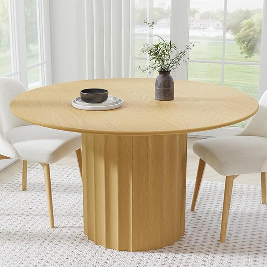 Casaphoria 52" Round Dining Table, Modern Wood Kitchen Table with Cylindrical Wide Bar Concave Base for Living Room & Dining Room, Easy Assembly Farmhouse Furniture for 4-6, Oak