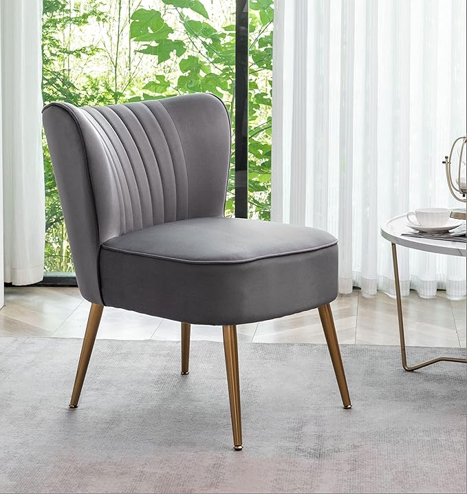 Modern Velvet Accent Chair for Living Room, Bedroom, or Entryway, Stylish and Comfortable Armless Design with Metal Legs, Grey