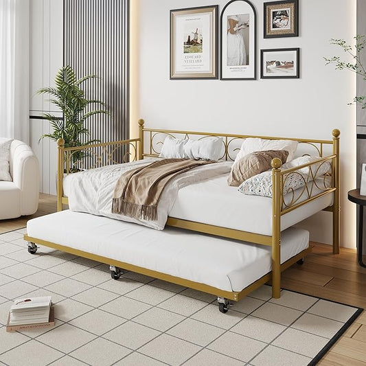 IDEALHOUSE Twin Daybed with Trundle, Metal Trundle Bed, Sofa Bed Frame, Heavy Duty Metal Slats, for Living Room, Bedroom, Guest Room, Space Saving, Gold