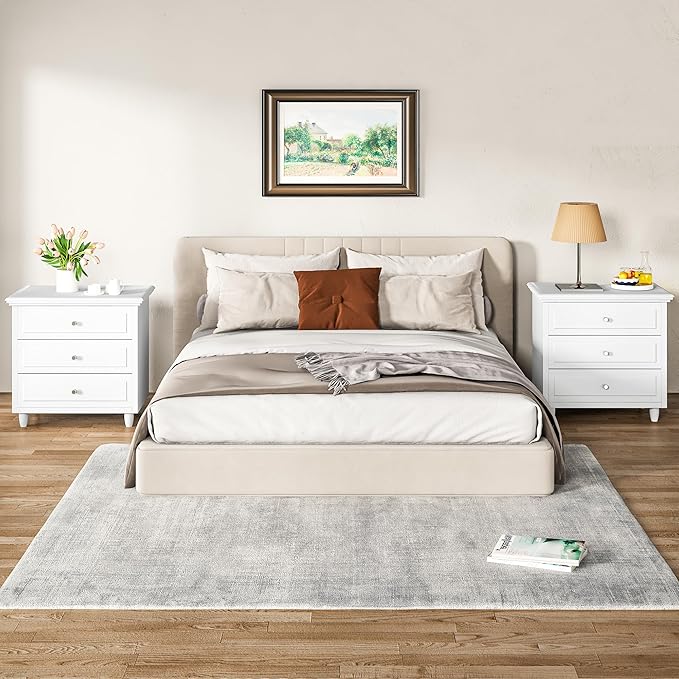 AWQM White Night Stand Set of 2, 3 Drawer Nightstand Set of 2, 22 Inch Wider Side Table with Storage, Rattan Boho Bedside Tables, End Table for Bedroom, White