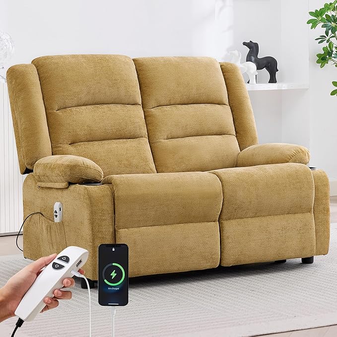 52Inch Power Loveseat Recliner,Electric Reclining Loveseat Sofa,Adjustable Love seat Recliner Sofa for Living Room,Bedroom with Charging Ports (Yellow)