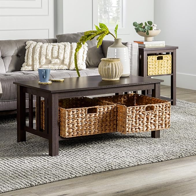 Walker Edison Alayna Mission Style Two Tier Coffee Table with Rattan Storage Baskets, 40 Inch, Espresso