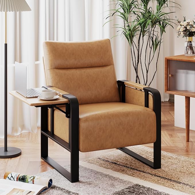 Upholstered Living Room Chair Armchair Set of 2, Mid Century Faux Leather Metal Accent Chair, Reception Couch Office Guest Chair Slipper Club Lounge Single Sofa with Sidetable for Bedroom-Light Brown