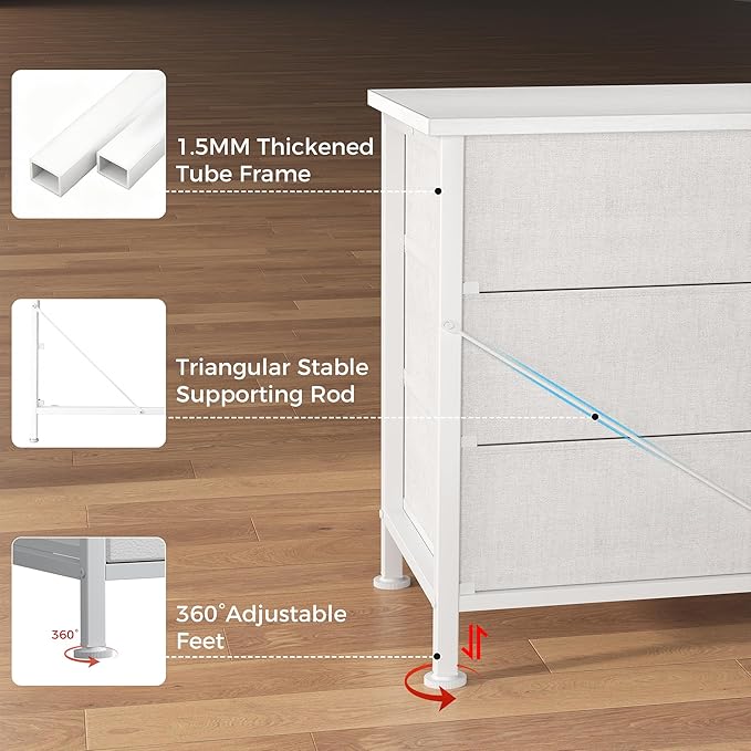 DUMOS TV Stands for Living Room Furniture with 9 Fabric Drawers, Long Entertainment Center Up to 75 Inch TV, Media Console Table with Storage for Bedroom, Adjustable Feet, White.