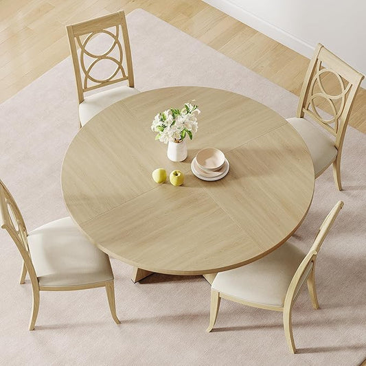 Garvee 47 in Round Farmhouse Dining Table for 4-6 with Gray Wooden Top and Legs – Large Rustic Table for Home Dining Room or Living Room (No Chairs)-Burlywood