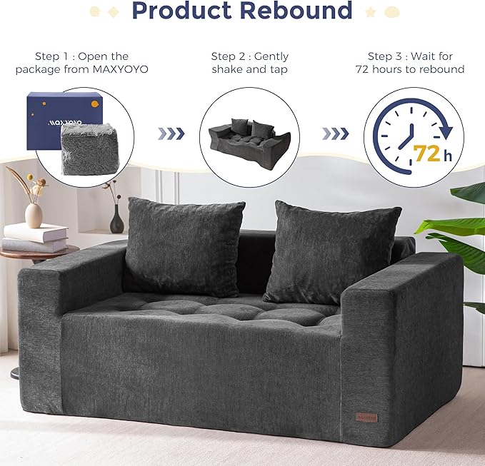 MAXYOYO Modular Sofa Couch, 61" Loveseat Boneless Cloud Couch with Deep Seat, Chenille Upholstered Living Room Sleeper Sofa Chair for Living Room, No Assembly Required, Dark Grey