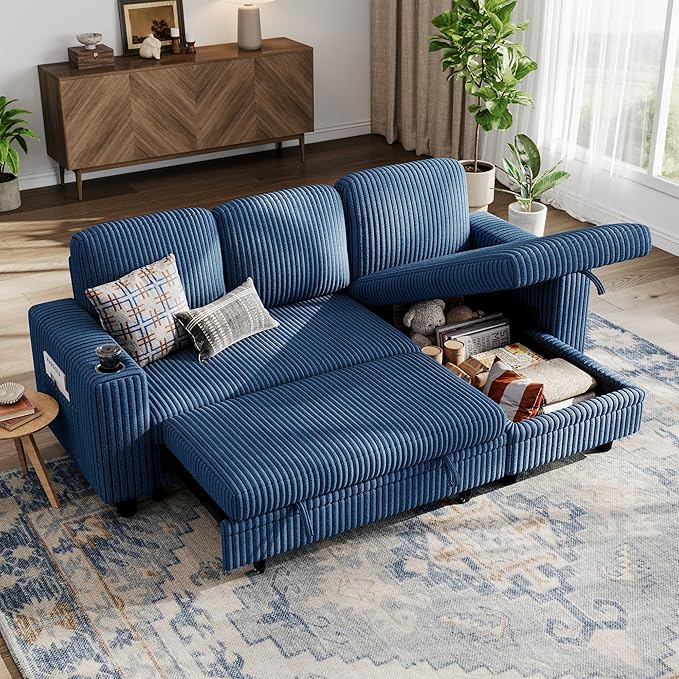 LINSY HOME Sectional Sleeper Sofa with Pull Out Couch Bed Convertible Plush Corduroy Cloud Couch with Storage Chaise & USB Charging, Comfy L Shaped Modular Couches for Living Room Apartment (Blue) | Pull Out Sofa Bed, Storage, USB Charging, Cup Holders...