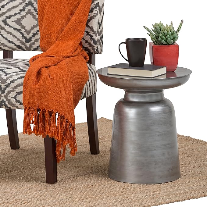 SIMPLIHOME Toby Metal Table - 17" Wide x 18" High Solid Iron Drum Accent Table in Silver, Industrial Side or End Table for Living Room, Bedroom or Entryway with Sculptural Design, Assembled