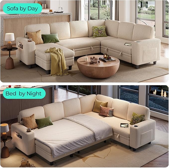 LINSY HOME Sectional Sofa with Pull Out Bed, 6 Seats Corduroy Reversible Sleeper Sofa with Storage Seats & Chaises, USB Ports, Cup Holders, Side Pocket, Sectional Couches for Living Room, Beige | Plush corduroy, Pull out couch, Foam, Sturdy structure