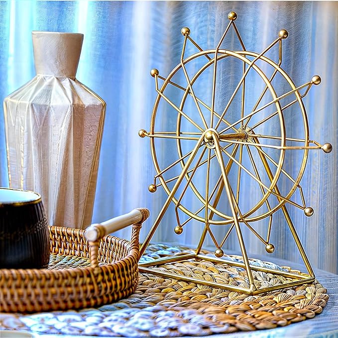 Ferris Wheel Bookshelf Decor – Gold Decor Modern Gift - Shelf Decor Accents Ornament - House Decorations Living Room - Fireplace Decor or Desk Decor - Entryway Decor. (Art Deco)