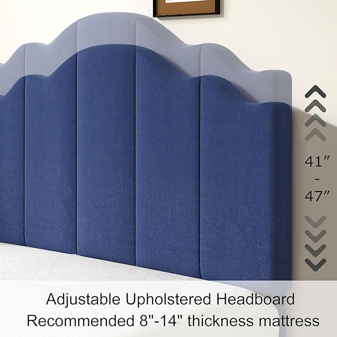 VECELO Twin Size Upholstered Platform Bed Frame with Adjustable Headboard, Wood Slat Support and Noise-Free, No Box Spring Needed, Easy Assembly, Blue