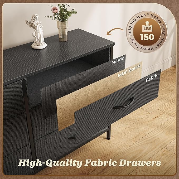Huuger 70 Inch Dresser for Bedroom, TV Stand for 65, 75, 80 Inch TV, 13 Fabric Drawer Long Dresser, Wide Chest of Drawer, Black Storage Units for Bedroom