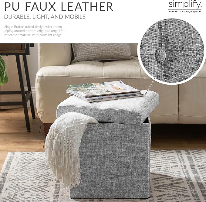 Simplify Faux Linen Folding Storage Ottoman | Single | Collapsible | Tufted Padded Seating | Foot Rest | Toy Box | Bench | Grey