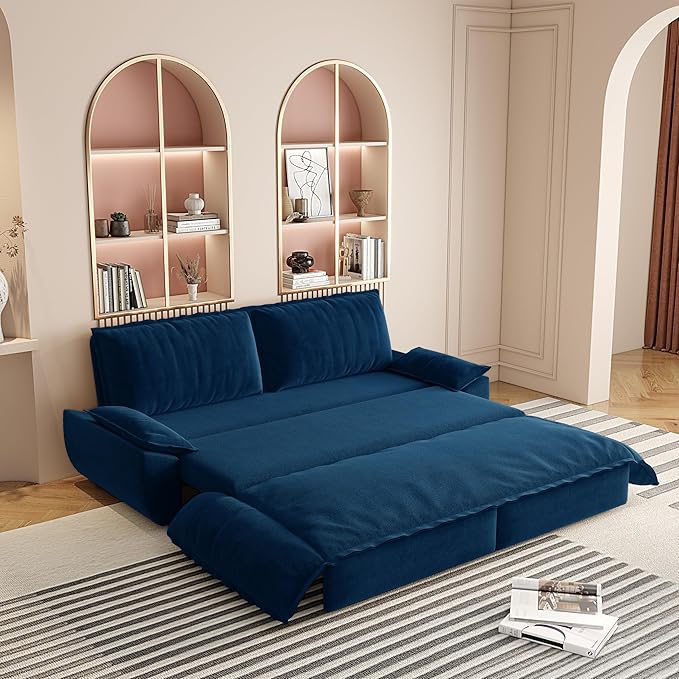 3-in-1 Convertible Sofa Bed Queen Size Pull Out Sleeper Sofa with Heavy Duty Metal Frame, Luxurious Velvet Upholstered Loveseat with 2 Pillows, Modern Folding Guest Bed for Living Room, Apartment