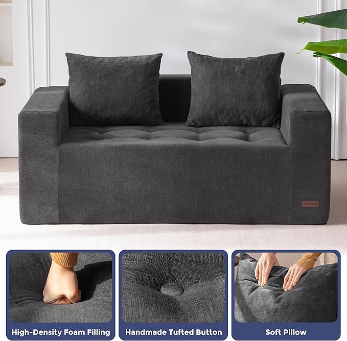 MAXYOYO Modular Sofa Couch, 61" Loveseat Boneless Cloud Couch with Deep Seat, Chenille Upholstered Living Room Sleeper Sofa Chair for Living Room, No Assembly Required, Dark Grey