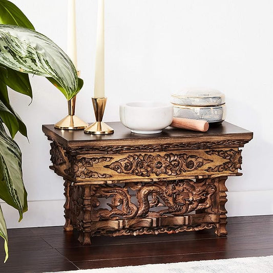Tribe Azure Fair Trade Small Altar Table, Meditation Table Altar, Small Puja Table, Meditation Altar Wood Wiccan Buddhist, Tea Japanese, Low Side Dragon (Small)