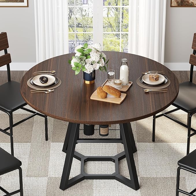 Round Dining Table for 4, Kitchen Tables Dining Room Circle Dinner Table with Pedestal Metal Frame, Space Saving Wood Industrial Kitchen & Dining Room Tables, Walnut 43In