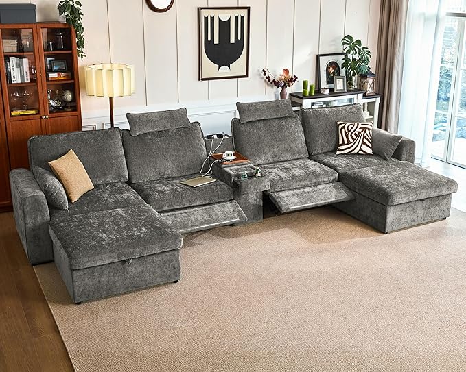 174.4'' Oversized Modular Power Recliner Sofa with Headrest, Deep Cloud Couch with Table, Charging Cup Holders, Convertible U-Shaped 6-Seater Sectional with 2 Storage Ottomans, Chenille, Grey