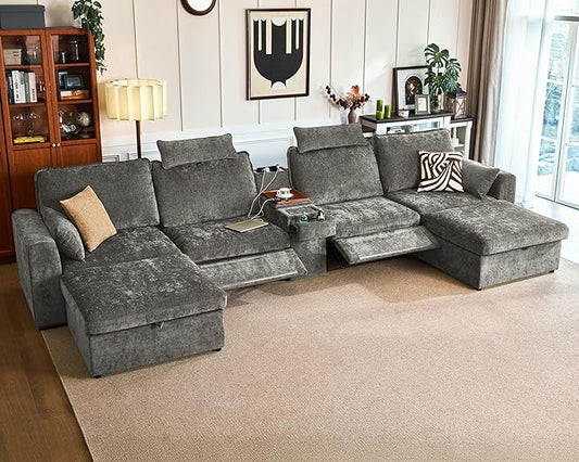 174.4'' Oversized Modular Power Recliner Sofa with Headrest, Deep Cloud Couch with Table, Charging Cup Holders, Convertible U-Shaped 6-Seater Sectional with 2 Storage Ottomans, Chenille, Grey