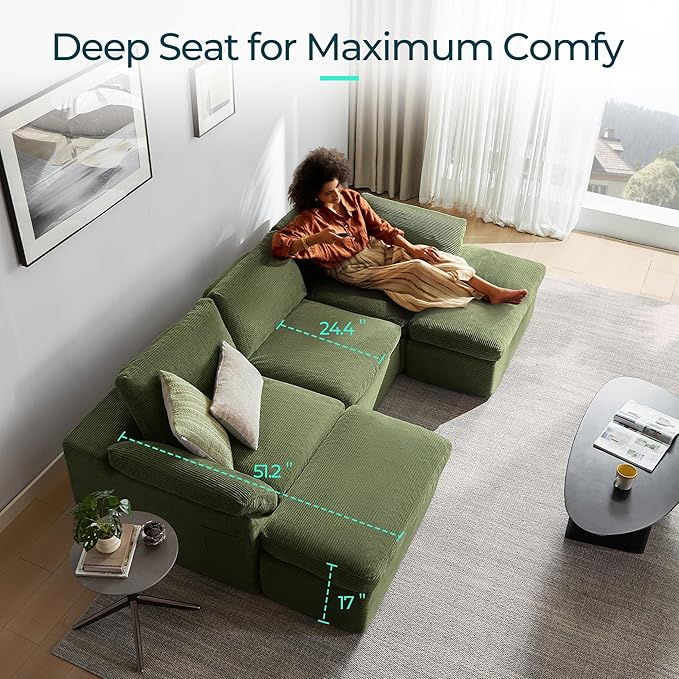 LINSY HOME 109" Modular Couch Modern Boneless Cloud Couch, U Shaped Sofa with Movable Ottomans, Deep Seat Corduroy Sectional Couches for Living Room, Apartment, No Assembly Required, Green