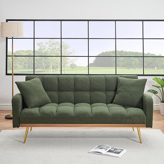 Eafurn Padded Convertible Futon Sofa Bed, Teddy Fleece Fabric Futons Loveseat Couch with Adjustable Backrest, Folding Sleeper Recliner Sofabed for Living Room Furniture | Golden Legs, Wood Frame