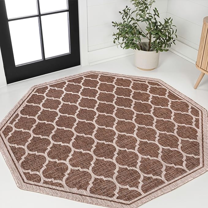 JONATHAN Y Moroccan Trellis Indoor Outdoor Octagon Area Rug 8 Ft Espresso/Taupe, Trebol Textured Weave for Backyard, Patio, Porch, Easy-Cleaning, Pet-Friendly, Non-Shedding (SMB109B-8TGN)