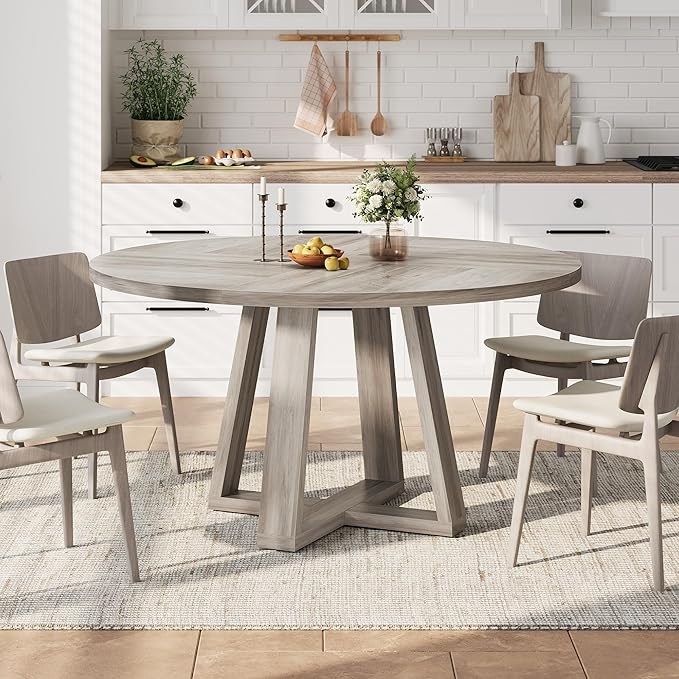 Garvee Round Dining Table for 4-6 People, 47" Modern Kitchen Dinner Table with Wood Cross Pedestal Base for Living Room, Grey
