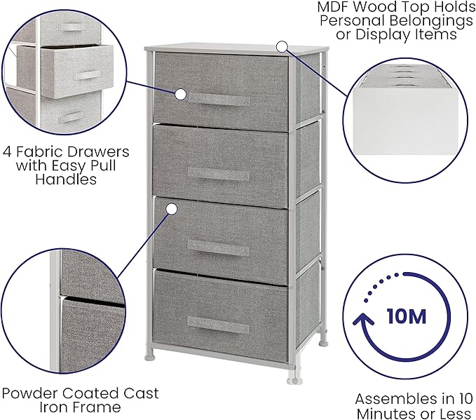Flash Furniture Harris 4-Drawer Storage Chest of Drawers, Modern Bedroom Dresser with 4 Easy Pull Fabric Drawers and Engineered Wood Top, Light Gray